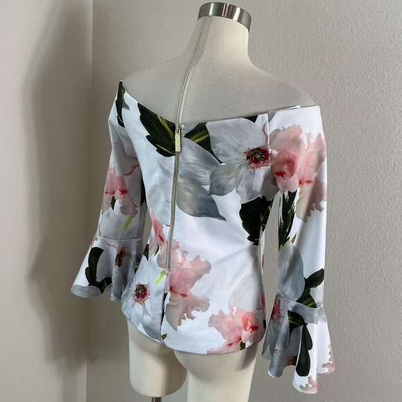 NEW Ted Baker Womens Medium Chatsworth Bloom Floral Off Shoulder Bell Sleeve Top - Picture 8 of 16